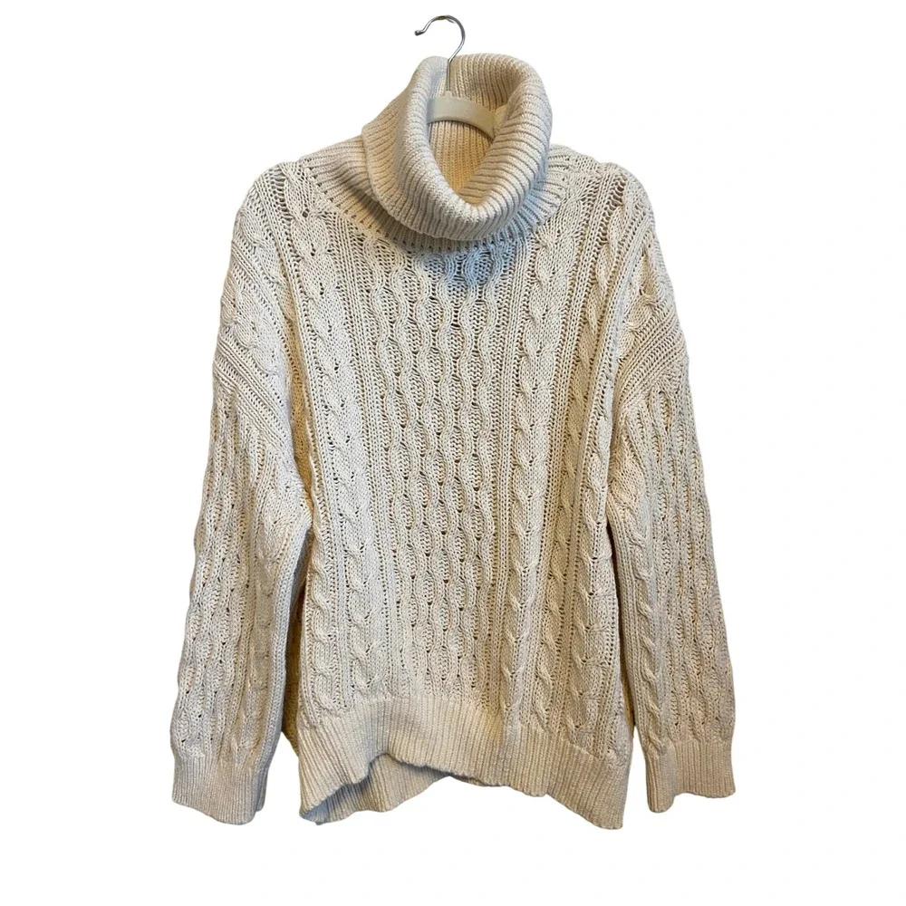 Pilcro Anthropologie Cream Cable Knit Turtleneck Sweater XL Chunky